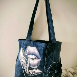 Elegant Handmade Denim Tote Bag With Custom Iron-on Transfer And Handmade Flower